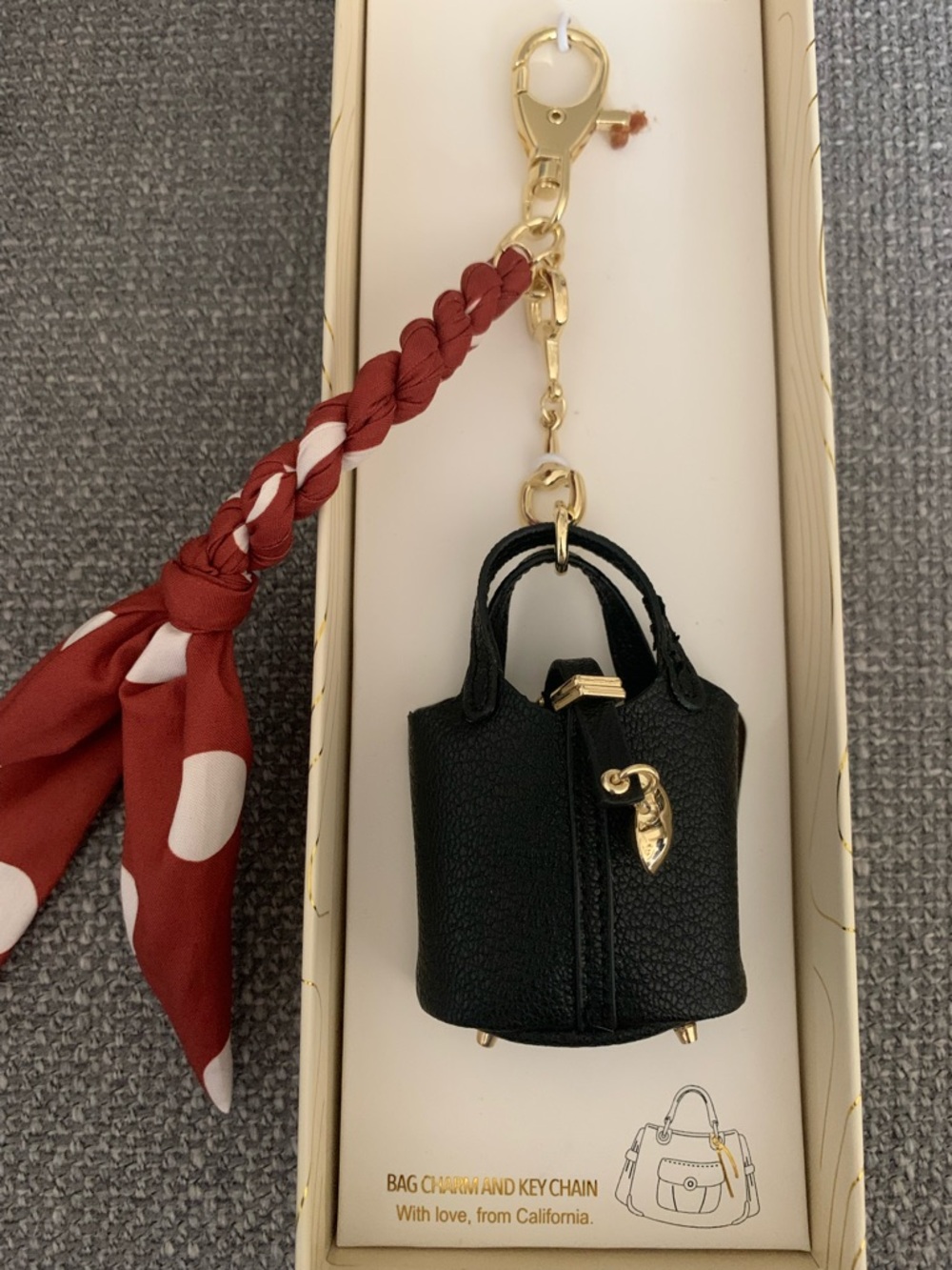 eye candy Black Mini Tote Bag Charm with Red Polka Dot Scarf